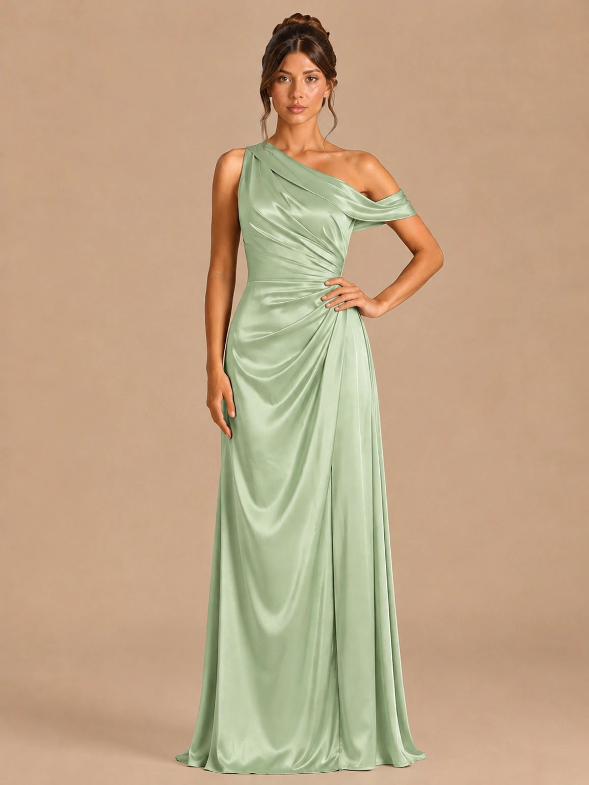 Sage Green-satin one shoulder prom dress ruched long formal gow Jovelle