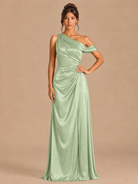 Sage Green-satin one shoulder prom dress ruched long formal gow Jovelle