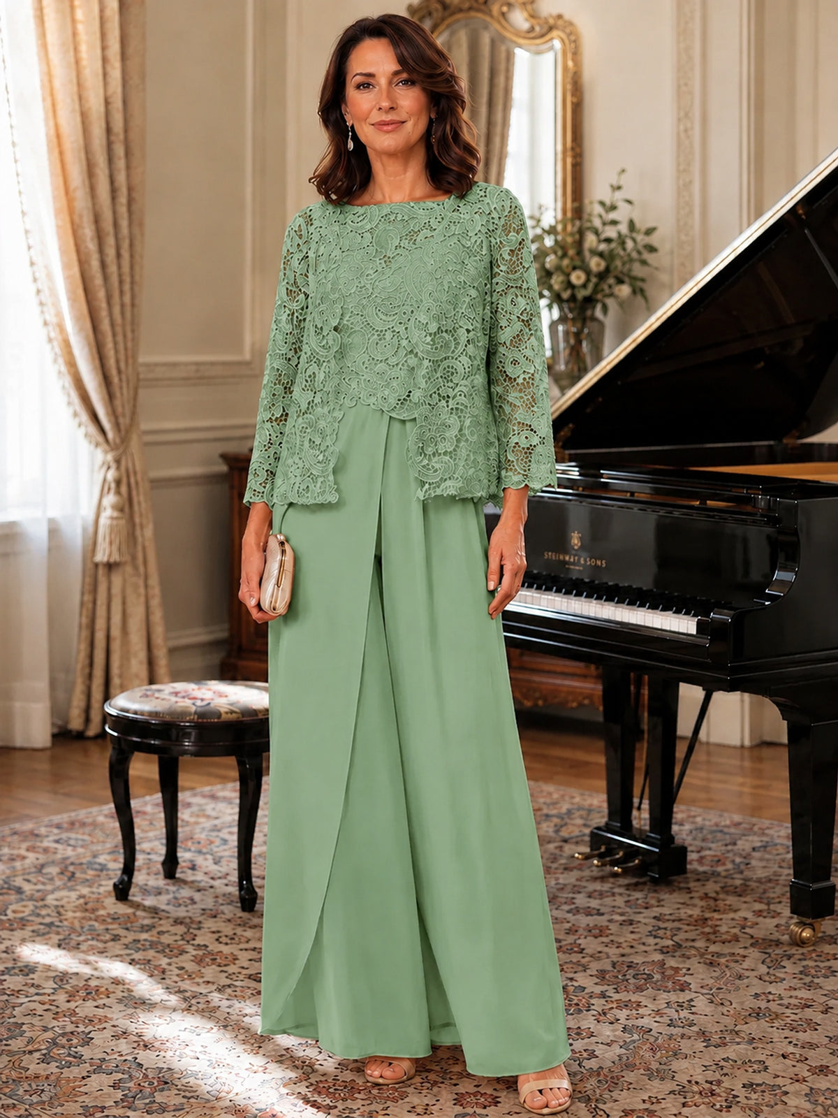 Elegant 3-Piece Chiffon Mother of the Bride Pantsuit with Floral Applique Jacket