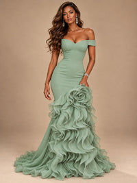 Dusty Blue Off-the-Shoulder Mermaid Prom Dress with 3D Rose & Ruffles