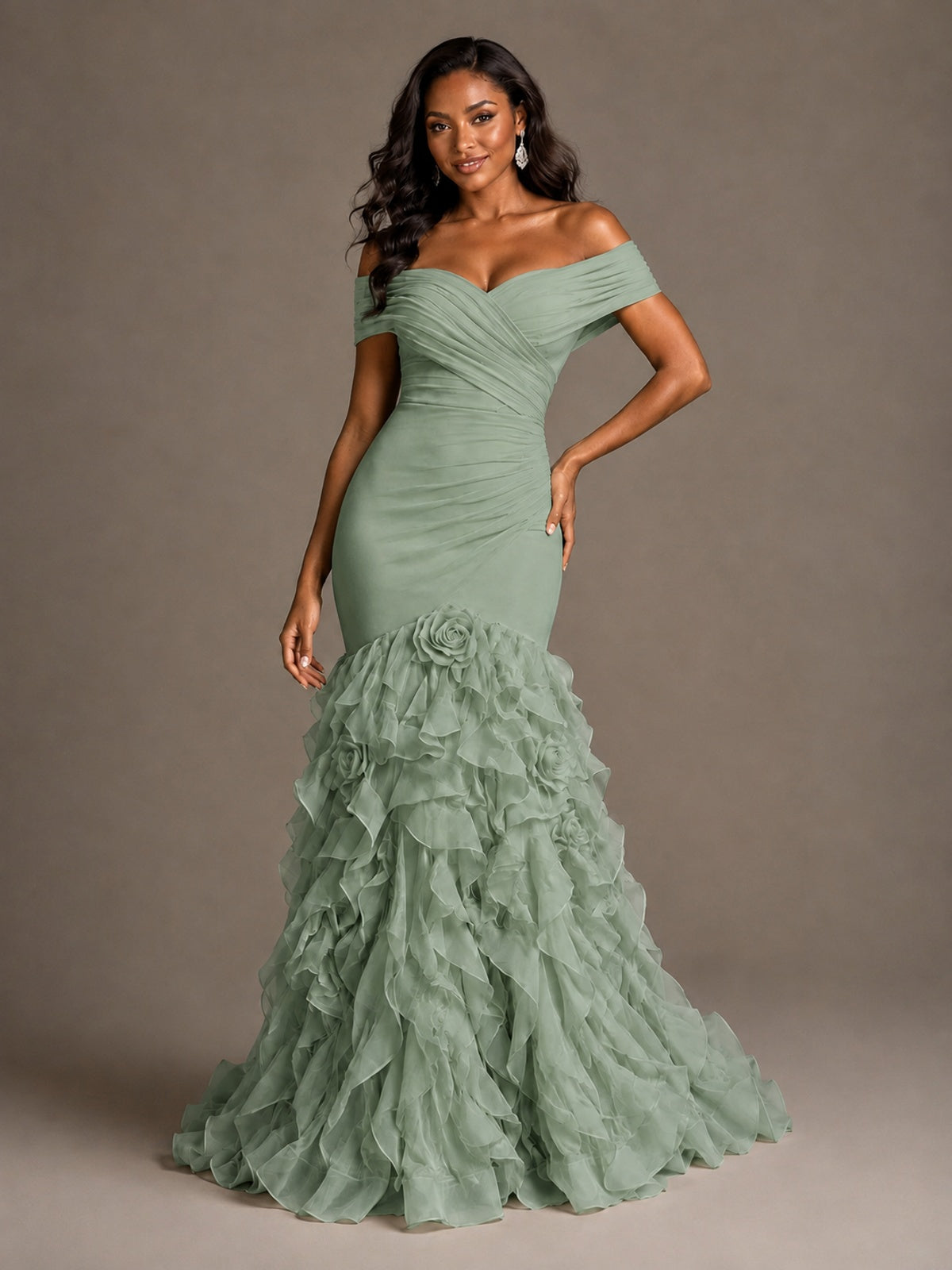 Pink Off-the-Shoulder Mermaid Prom Dress with Ruffles 3D Flowers