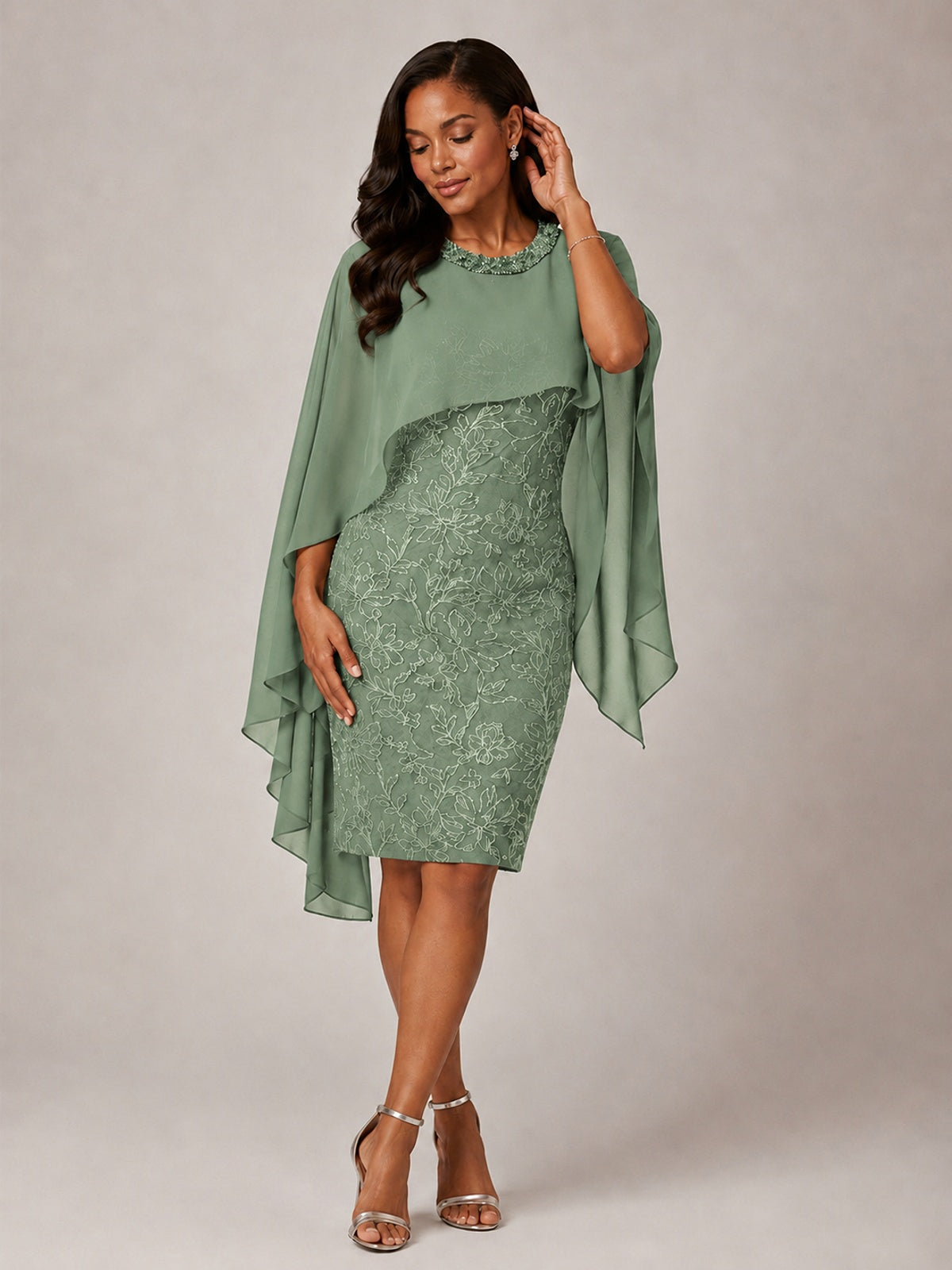 Floral Sheath Mother of the Bride Dress with Cape Overlay