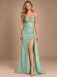 Burgundy Sequin Corset Prom Dress with High Slit