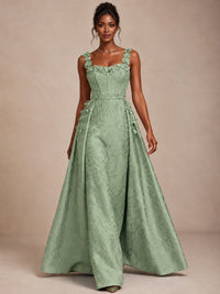 Light Blue 3D Floral Jacquard Prom Dress with Detachable Overskirt Corset Gown