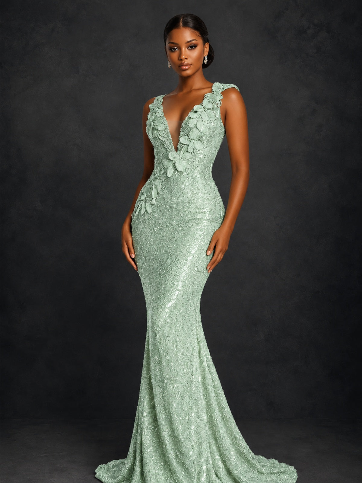 Gold Sequin Floral Applique Mermaid Prom Dress