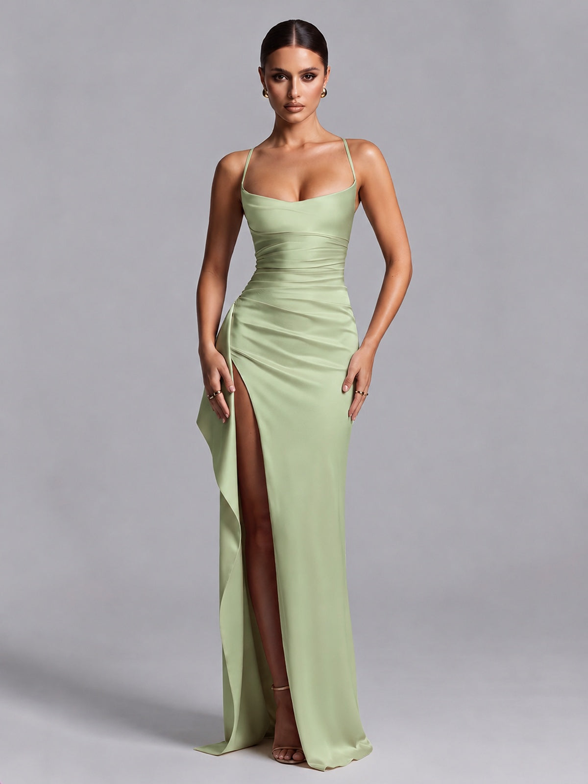Sage Green Squre Neck Pleated Satin Prom Dresses for Teens Women Long Evening Formal Gown with Slit Ruffles