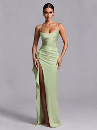 Sage Green Squre Neck Pleated Satin Prom Dresses for Teens Women Long Evening Formal Gown with Slit Ruffles