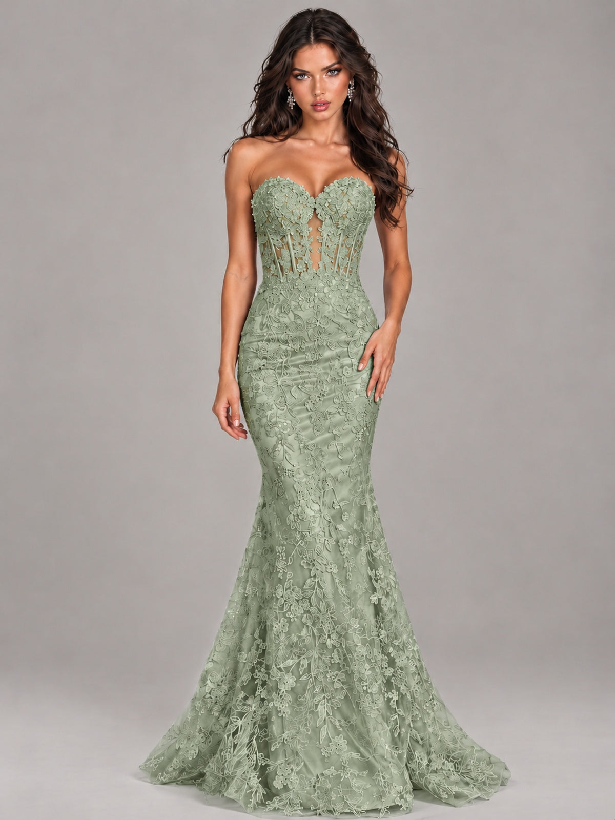 Strapless Corset Mermaid Prom Dress Lace Appliqué Formal Gown