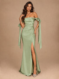 Off The Shuolder Satin Prom Dress Slit Mermaid Formal Gowns