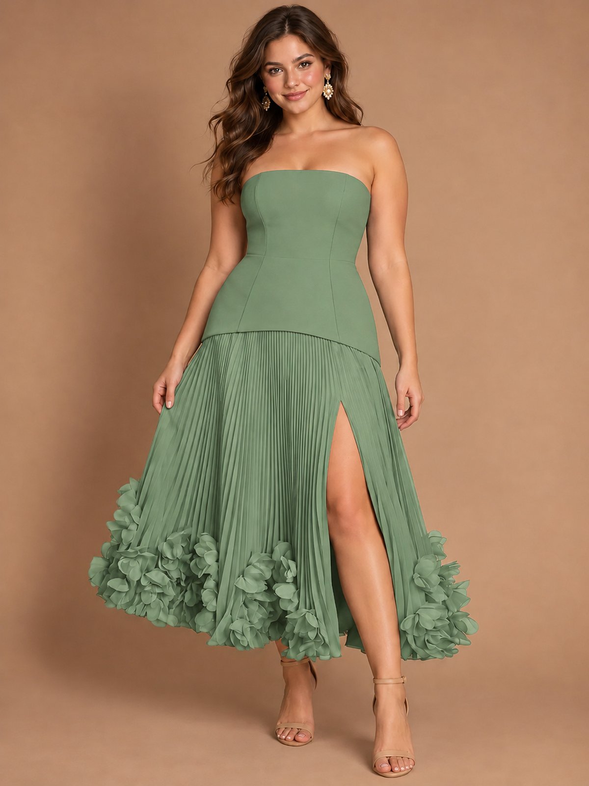 Navy Blue Strapless Pleated A-Line Midi Dress with 3D Floral Applique