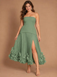 Navy Blue Strapless Pleated A-Line Midi Dress with 3D Floral Applique