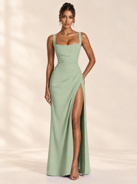 Square Neck Satin Sleeveless Ruched Prom Dress with High Slit