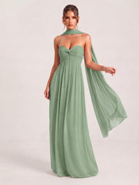 Sage Green Strapless Ruched Chiffon Long Prom Dress with Scarf A-line Sweetheart Ruffled Formal Wedding Guest Dress Evening Gown