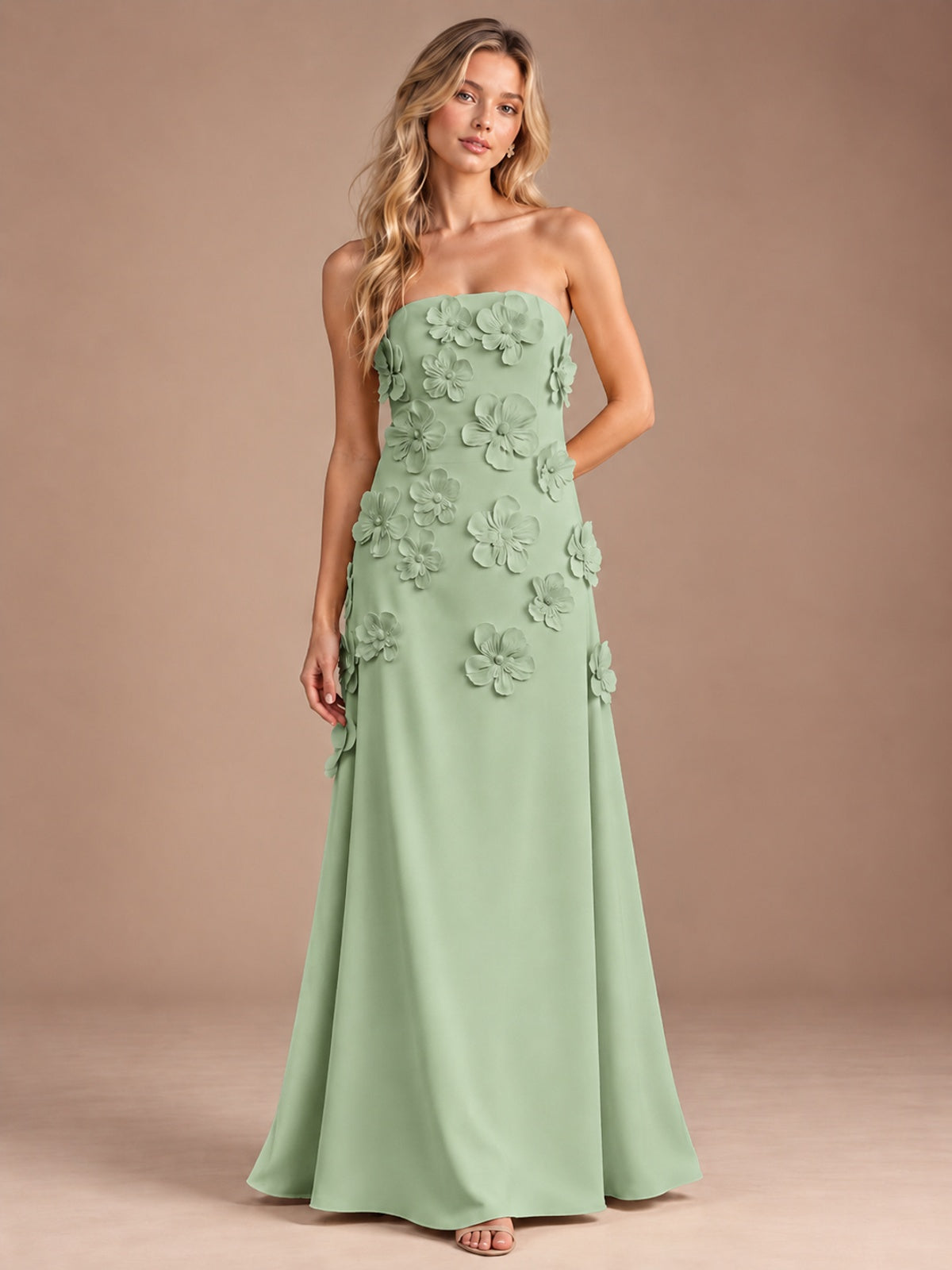 Sage Green-Strapless 3D Floral A-line Satin Prom Maxi Dress Formal Evening Gown