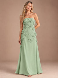 Sage Green-Strapless 3D Floral A-line Satin Prom Maxi Dress Formal Evening Gown