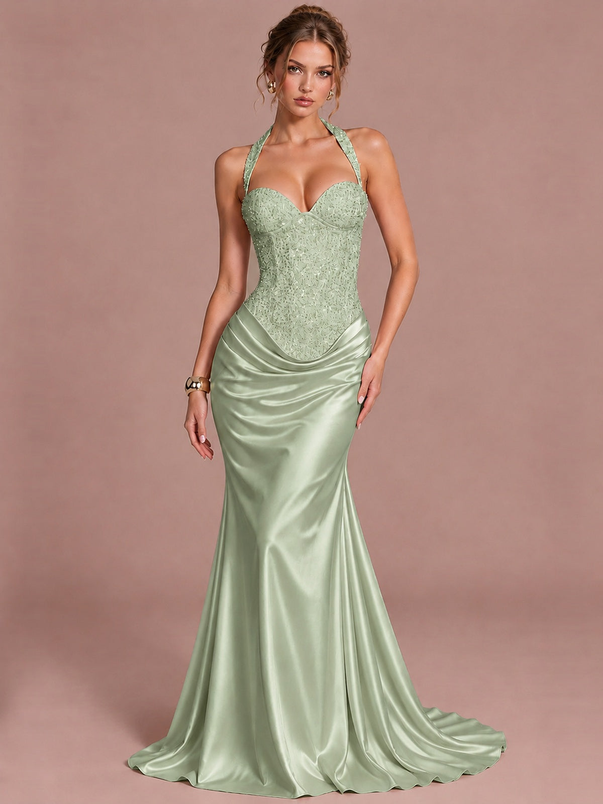 Sage Green Sparkling Halter Corset Satin Mermaid Prom Dress Long Ruched Sequin Formal Gown Evening Party Dress