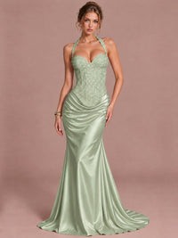 Sage Green Sparkling Halter Corset Satin Mermaid Prom Dress Long Ruched Sequin Formal Gown Evening Party Dress