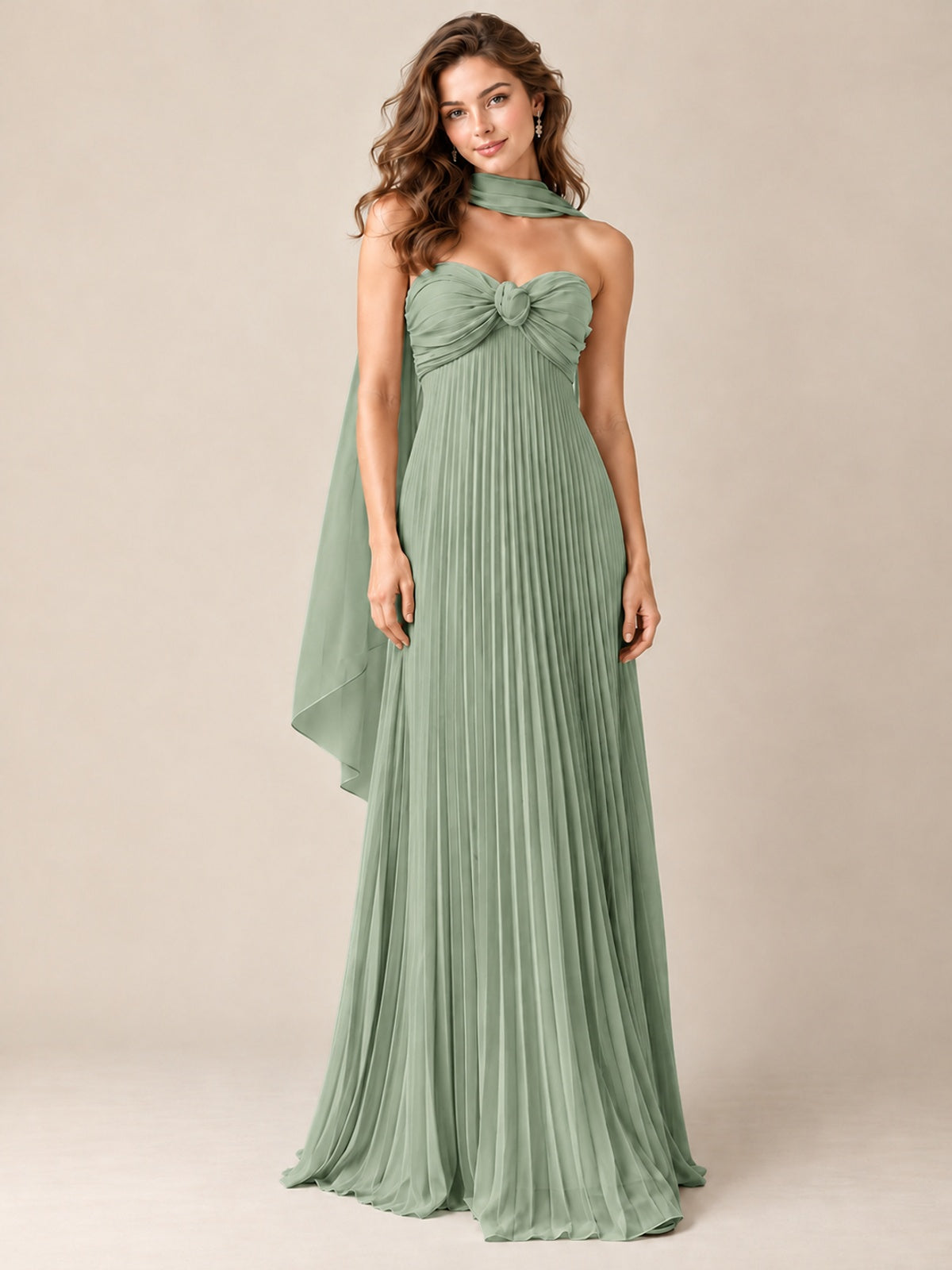 Sweetheart Neckline Pleated Prom Dress Strapless A-line Formal Dress with Flowy Scarf