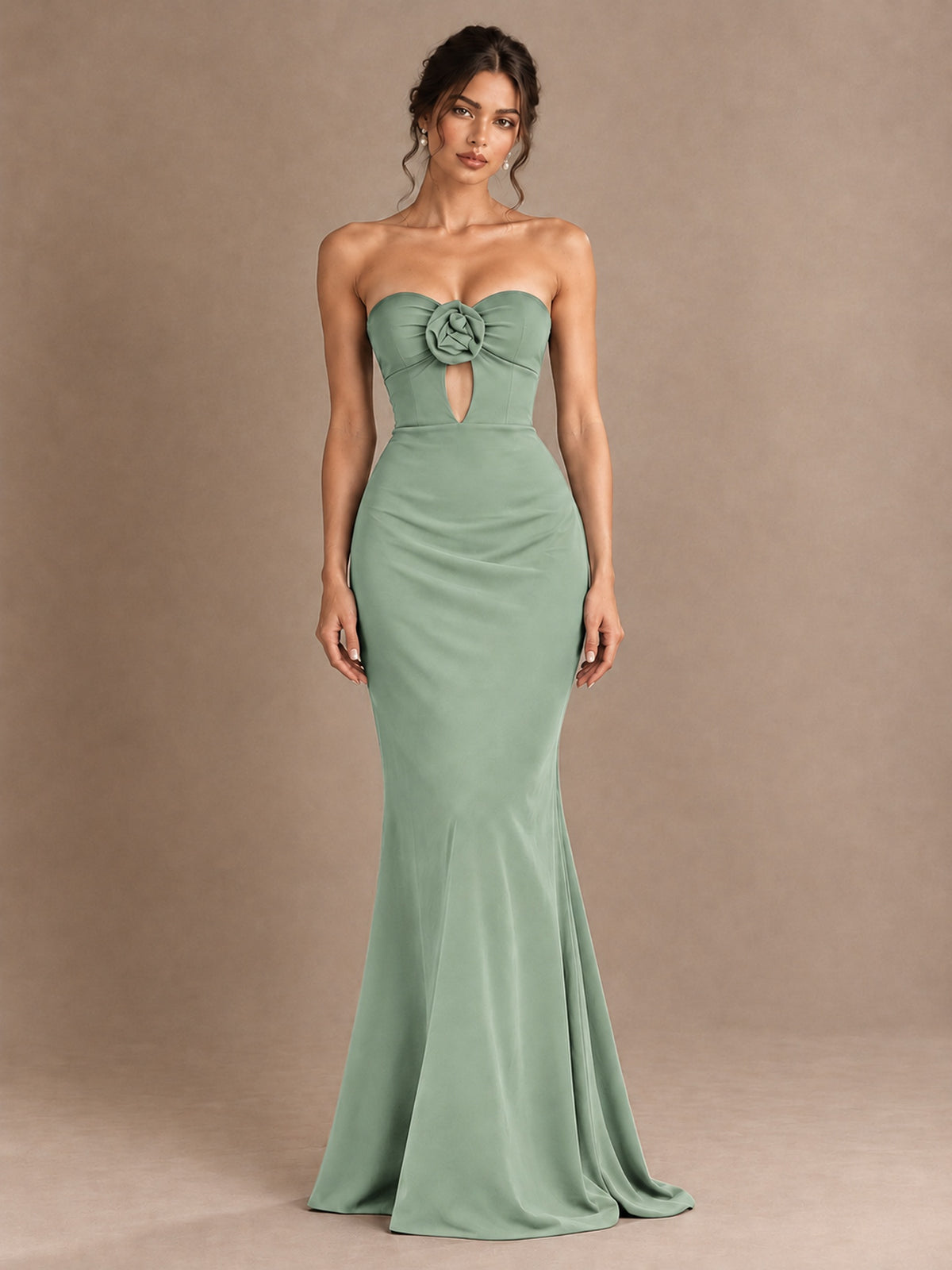 Emerald Green Strapless Mermaid Prom Dress with 3D Rose & Keyhole Cutout