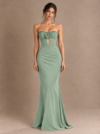 Emerald Green Strapless Mermaid Prom Dress with 3D Rose & Keyhole Cutout