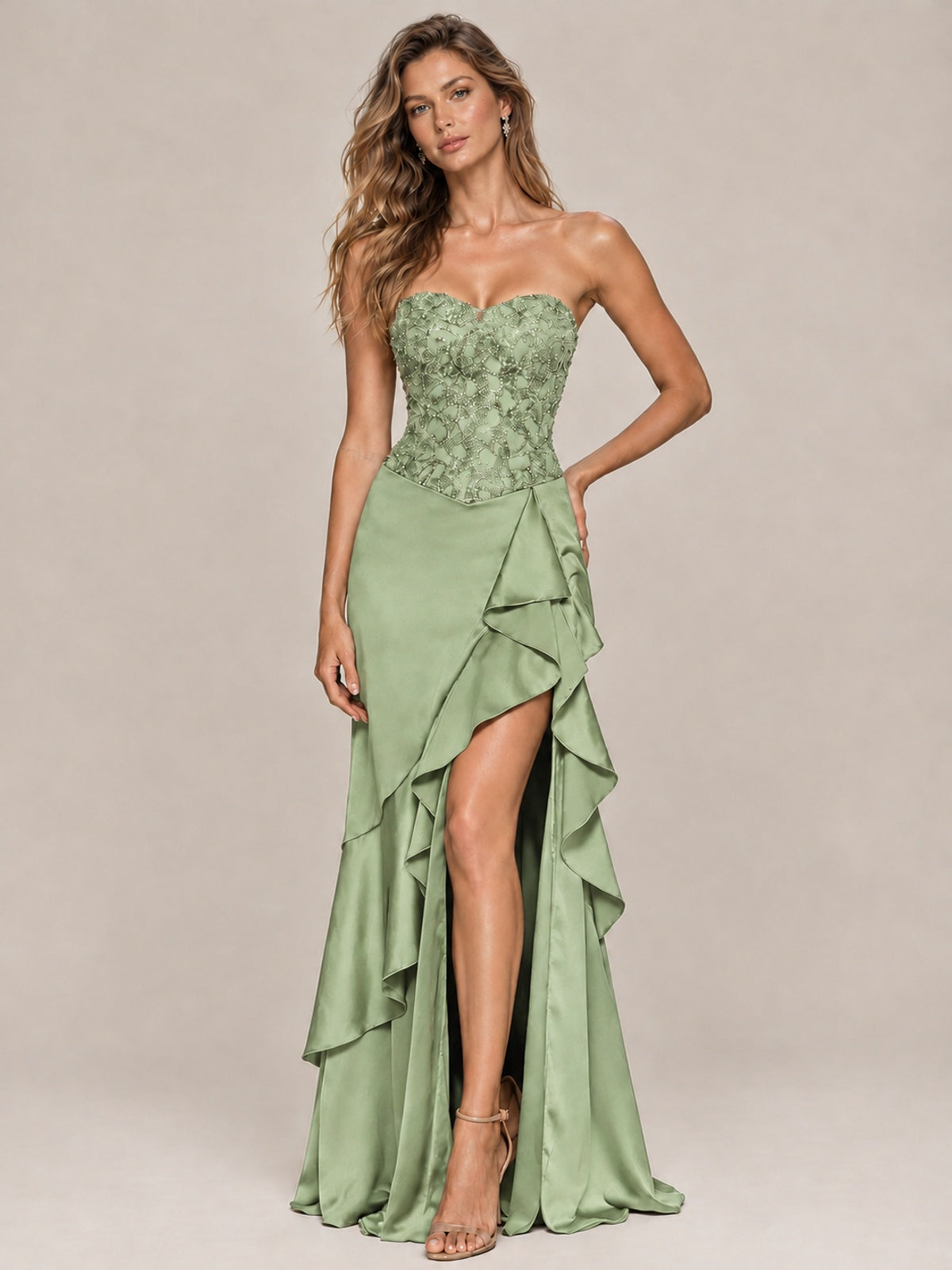 Strapless Lace Appliques Corset Satin Prom Dress Ruffle Slit Evening Gown