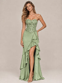 Strapless Lace Appliques Corset Satin Prom Dress Ruffle Slit Evening Gown