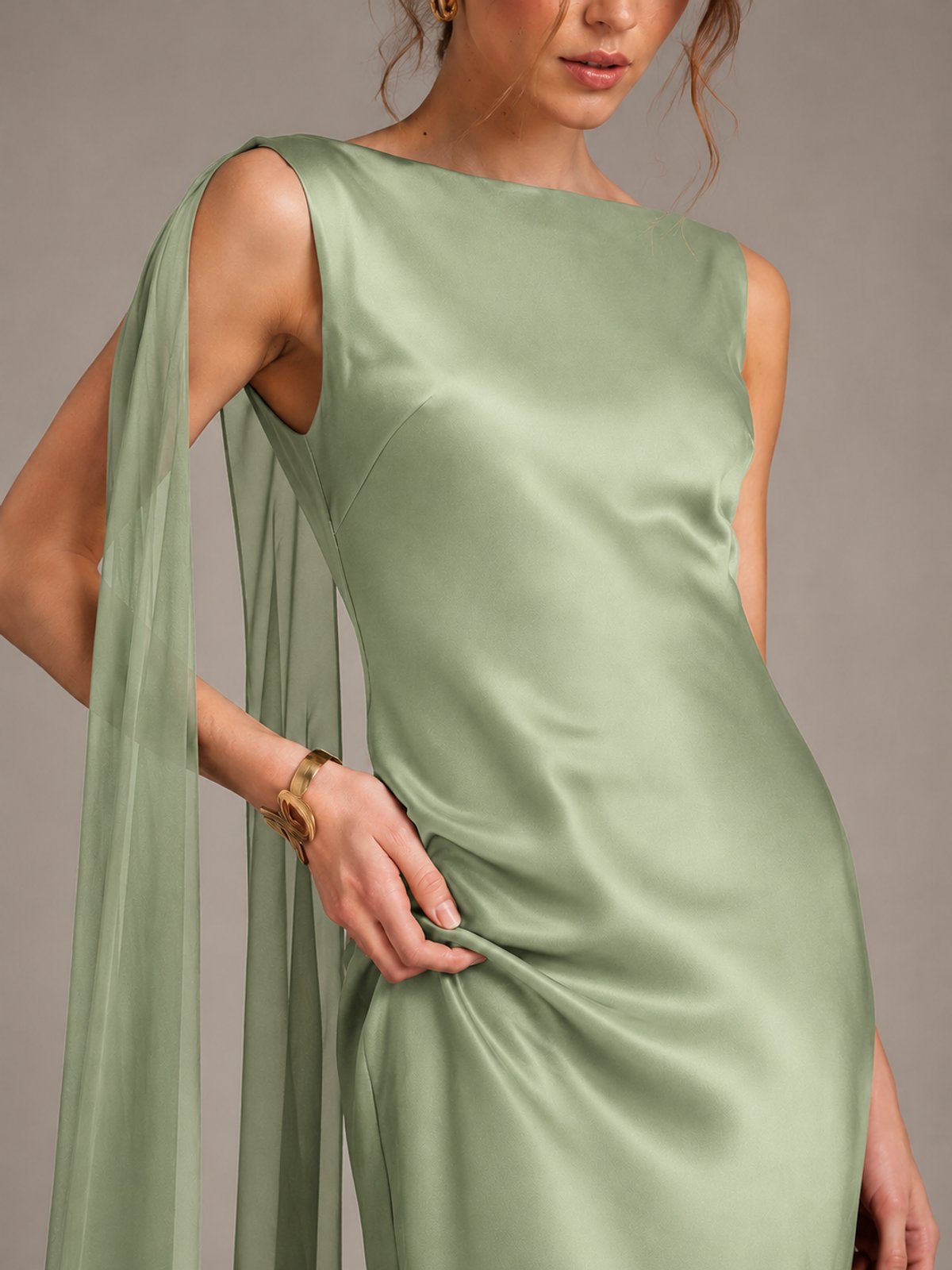 Burgundy Satin Mermaid Cape Maxi Dress