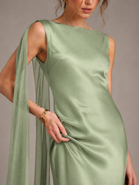 Burgundy Satin Mermaid Cape Maxi Dress