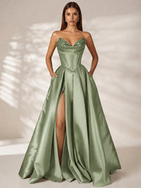 Sage Green Strapless Corset Satin Prom Dress Long Evening Gown with High Slit