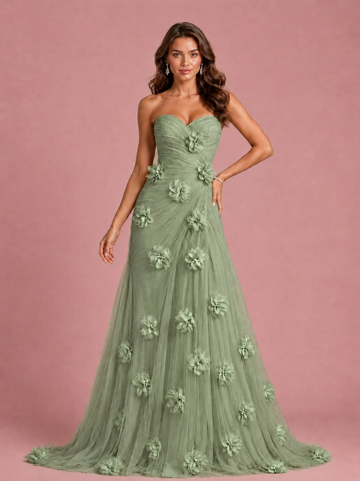 3D Floral Applique Strapless Tulle Prom Dress with High Slit