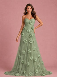 3D Floral Applique Strapless Tulle Prom Dress with High Slit