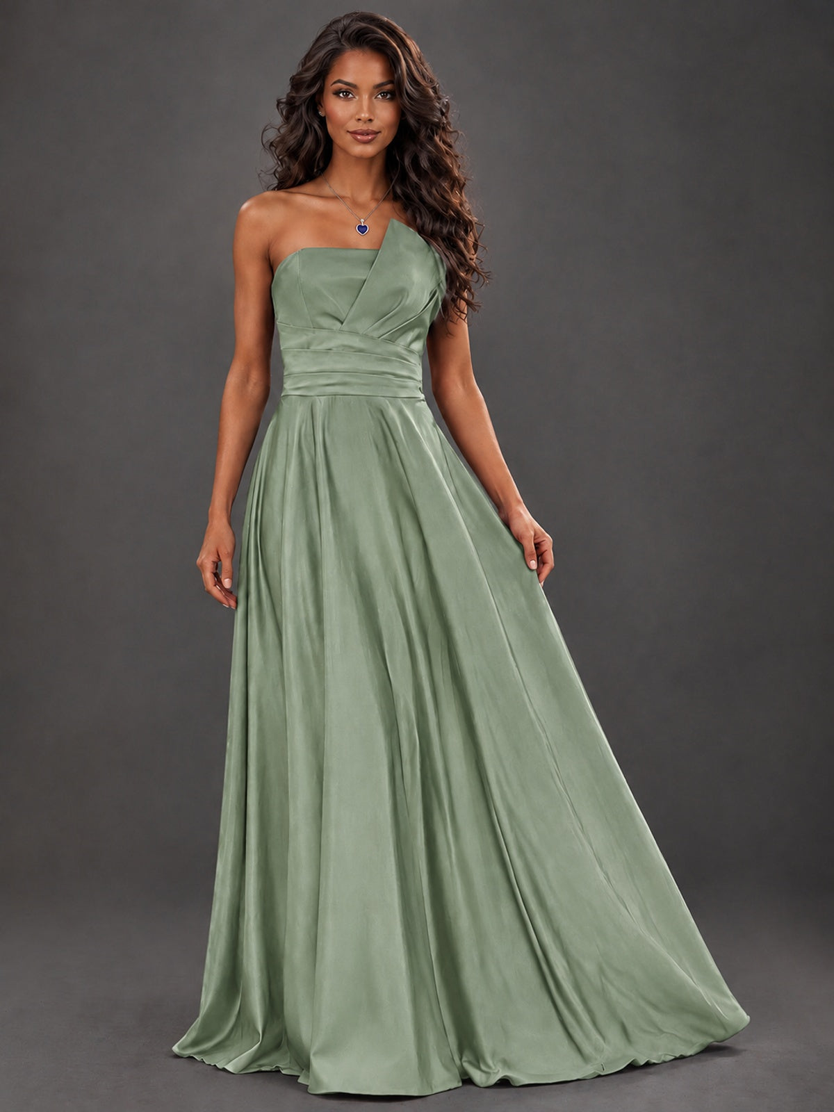 Draped Satin Prom Dress Strapless A-line Formal Dress Floor Length