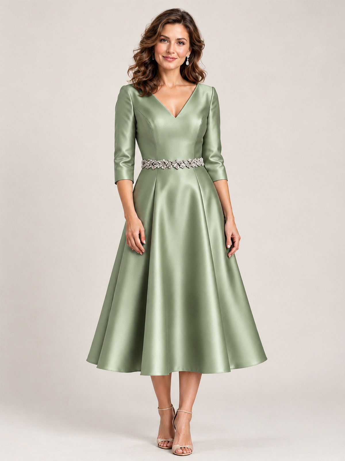 Sage Green V-Neck Tea-Length Mother of the Bride Dress with Embellished Waist