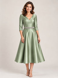 Sage Green V-Neck Tea-Length Mother of the Bride Dress with Embellished Waist