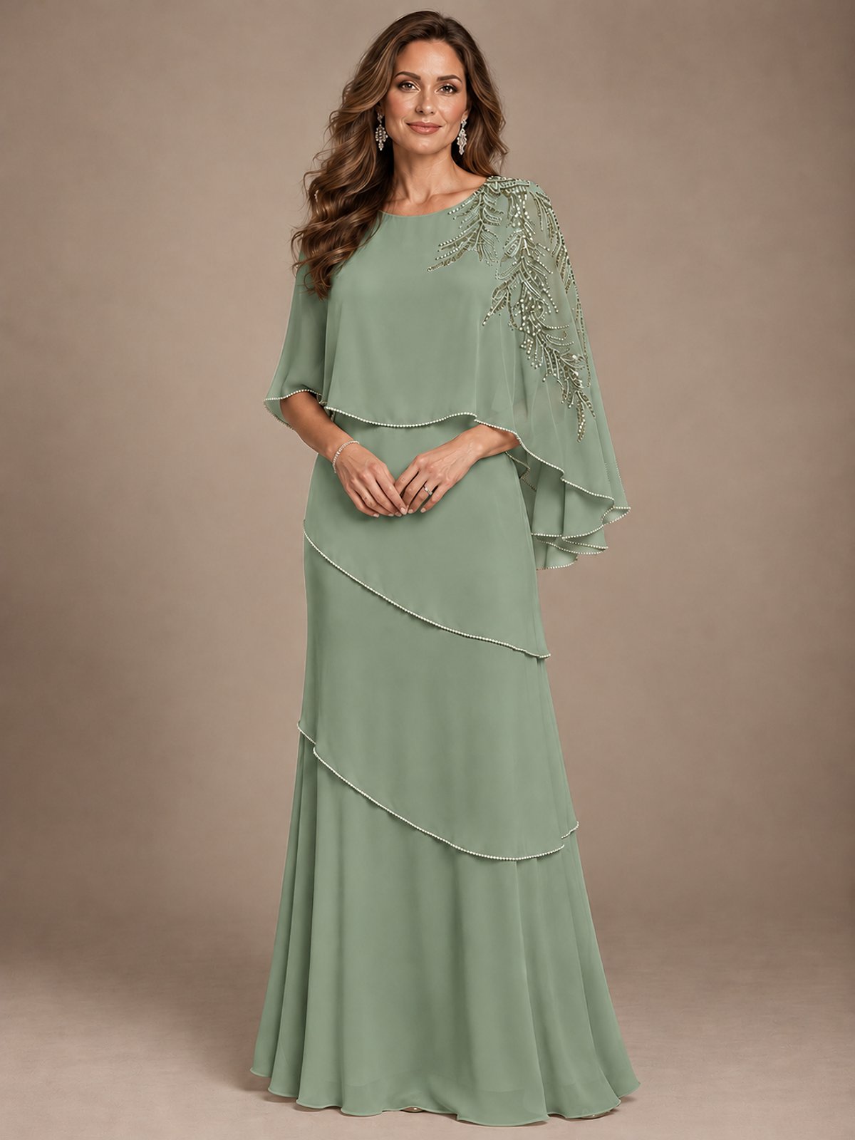 Elegant Chiffon Cape Sleeve Beaded Mother of the Bride Dress