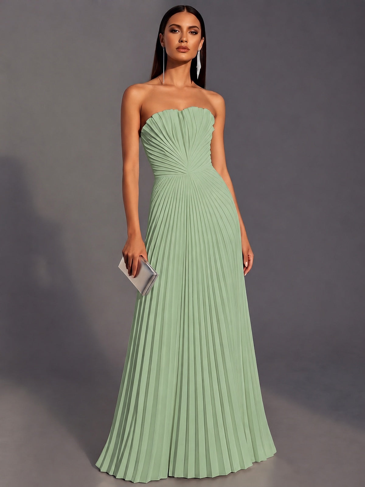 Sage Green Strapless Pleated Satin Prom Dress Long Formal Gown Evening Dress