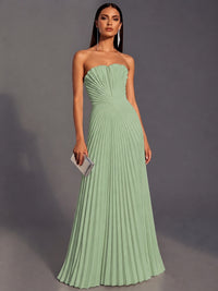 Sage Green Strapless Pleated Satin Prom Dress Long Formal Gown Evening Dress
