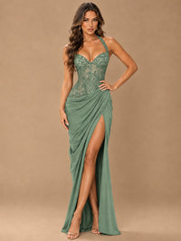 Sweetheart Halter Prom Dress Pleated Lace Floral Formal Dress with Slit