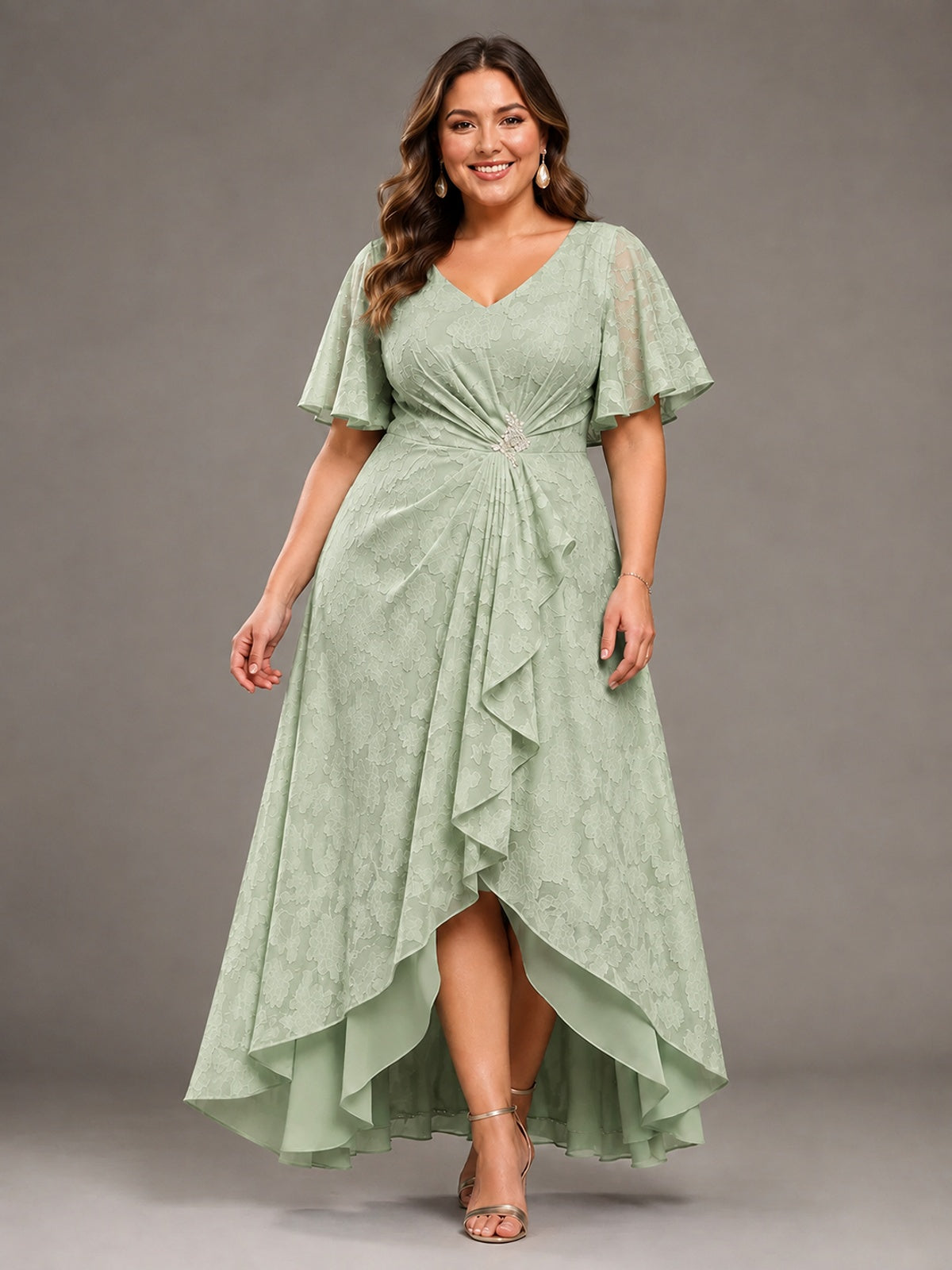 Jacquard Chiffon A-Line V-Neck High-Low Mother of the Bride Dress