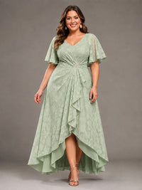 Jacquard Chiffon A-Line V-Neck High-Low Mother of the Bride Dress