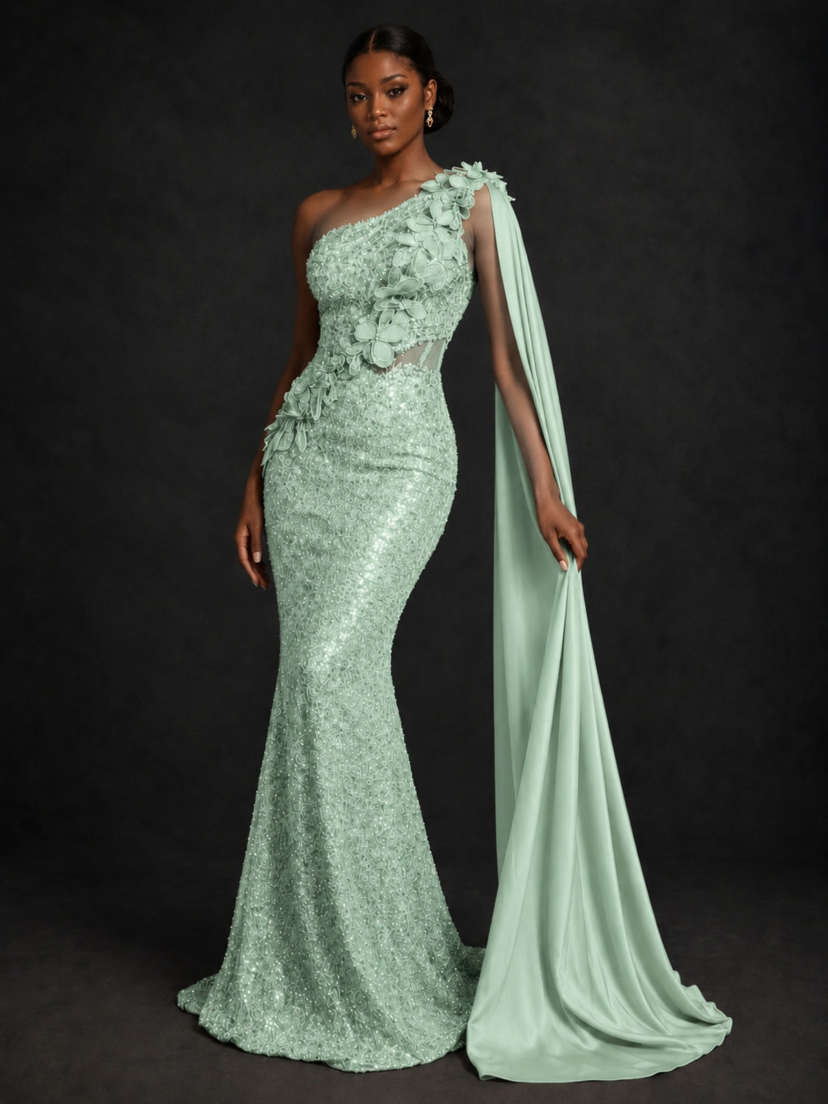 Gold Sequin One Shoulder Mermaid Prom Dress with Cape