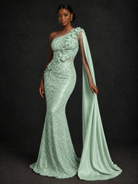 Gold Sequin One Shoulder Mermaid Prom Dress with Cape