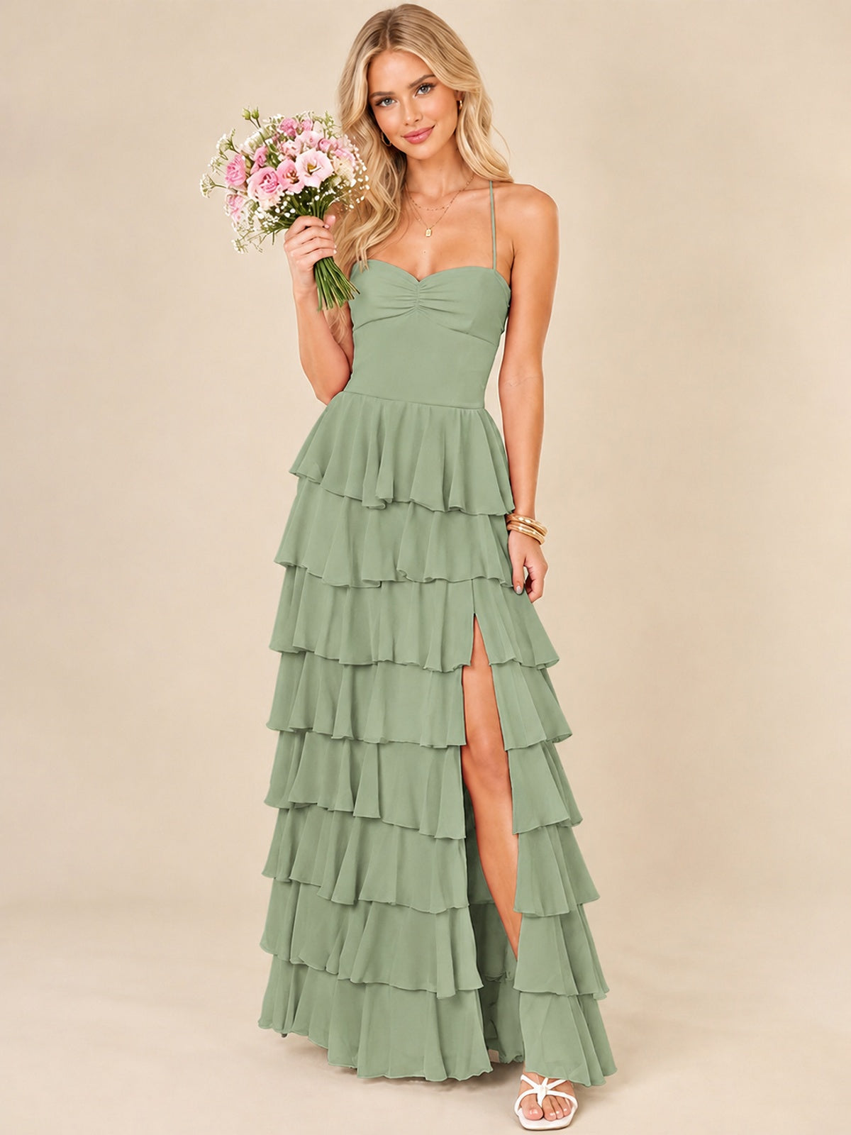 Ruffled Tiered Chiffon Prom Dress Spaghetti Straps Formal Maxi Dress with Slit