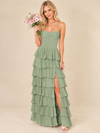 Ruffled Tiered Chiffon Prom Dress Spaghetti Straps Formal Maxi Dress with Slit