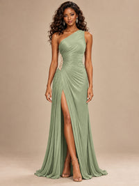 Burgundy One Shoulder Ruched Prom Dress with High Slit & Beaded Waist