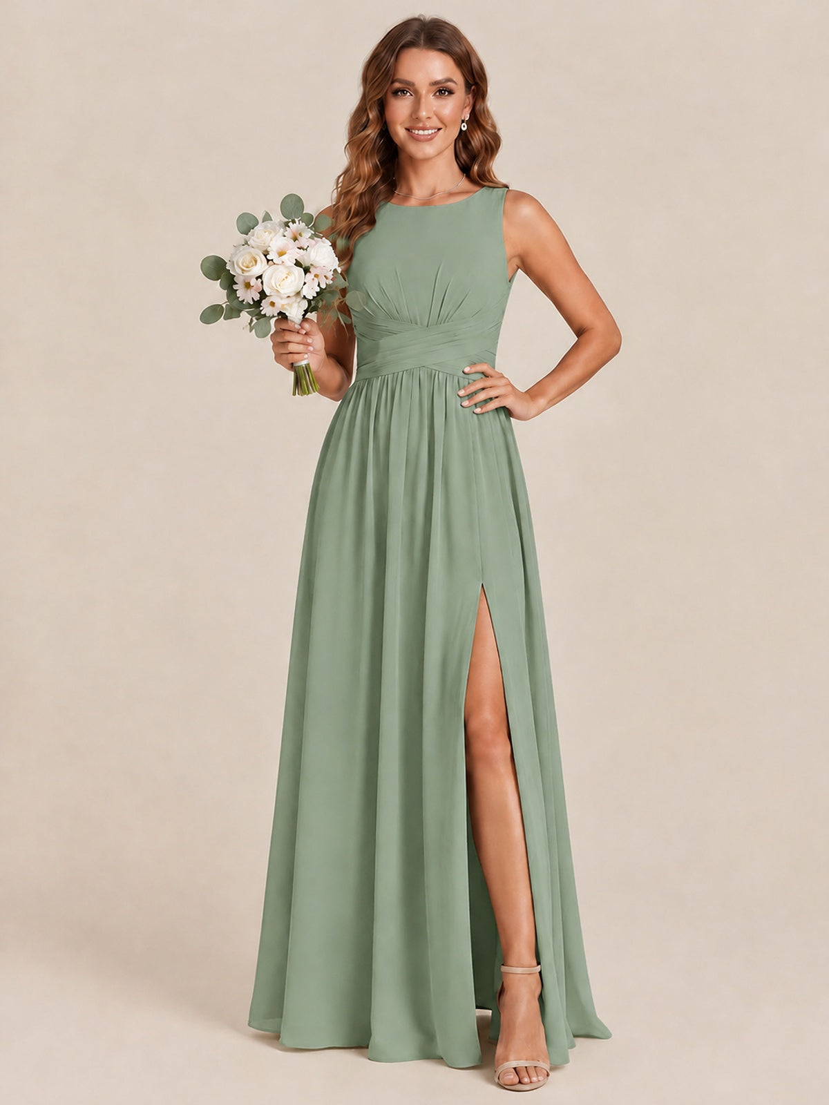 A-line Sleeveless Rucehd Chiffon Bridesmaid Dress with High Slit