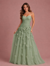 Blush Pink Strapless Sweetheart 3D Floral Tulle Ball Gown Prom Dres