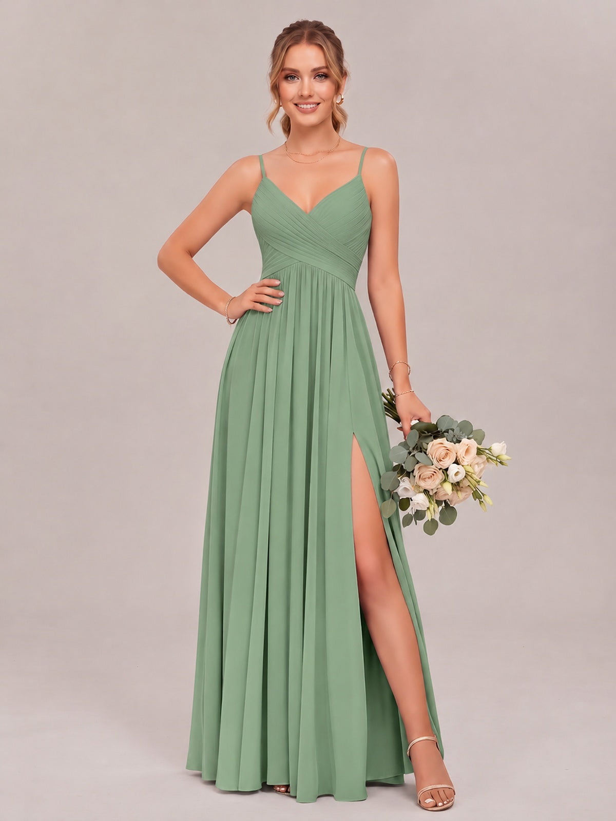Sage Green Spaghetti Straps Pleated Chiffon Bridesmaid Dress with Slit V-Neck A-line Long Formal Evening Wedding Guest Gown