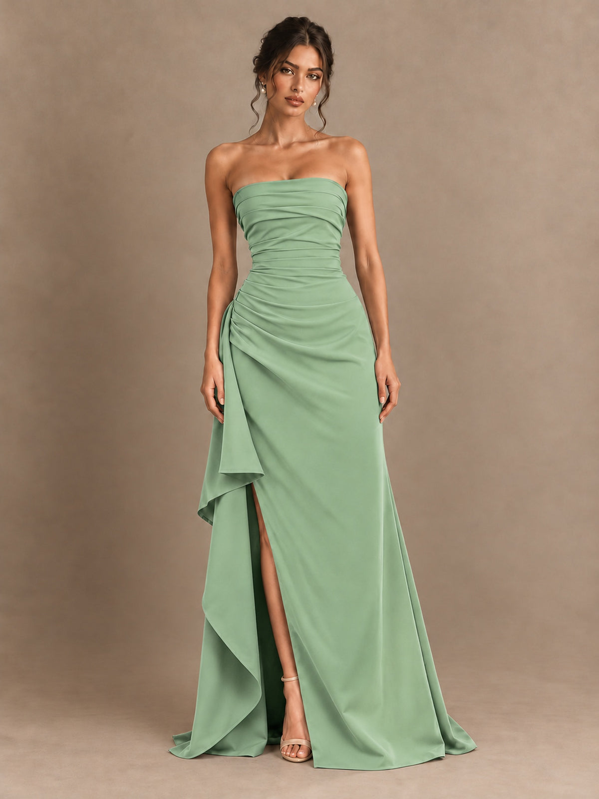 Black and White Strapless Ruched Prom Dress with High Slit & Side Drape