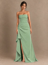 Black and White Strapless Ruched Prom Dress with High Slit & Side Drape